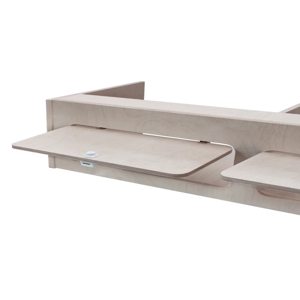 Light-colored plywood overhead camper cabinet with two fold-down shelves, designed for efficient storage in compact spaces