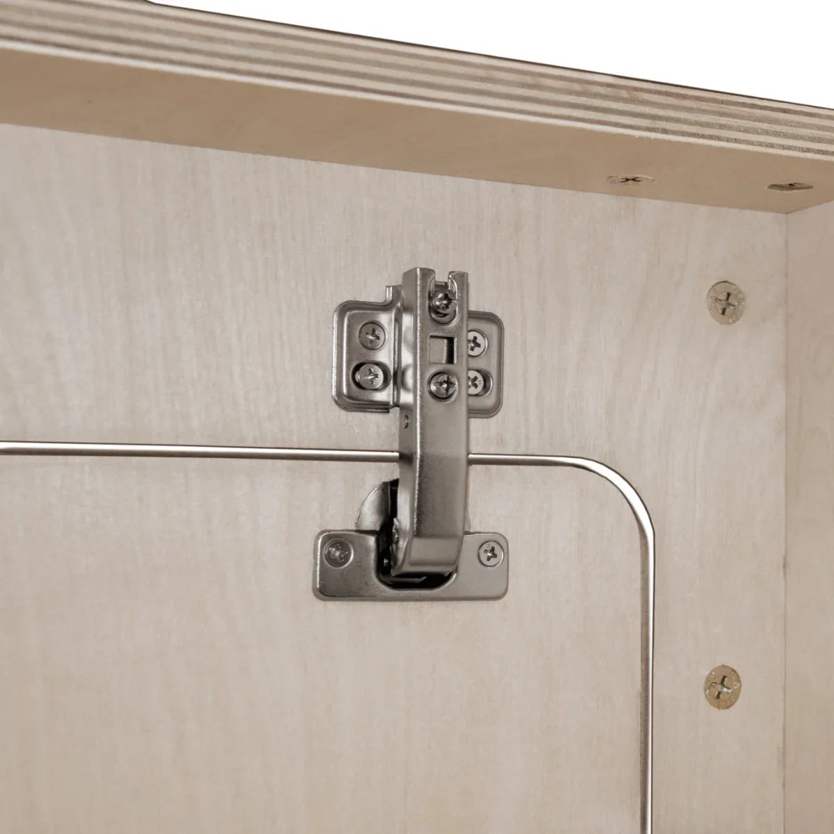 Close-up of the metal hinge on the overhead camper cabinet, showcasing its sturdy design and smooth finish against light wood grain