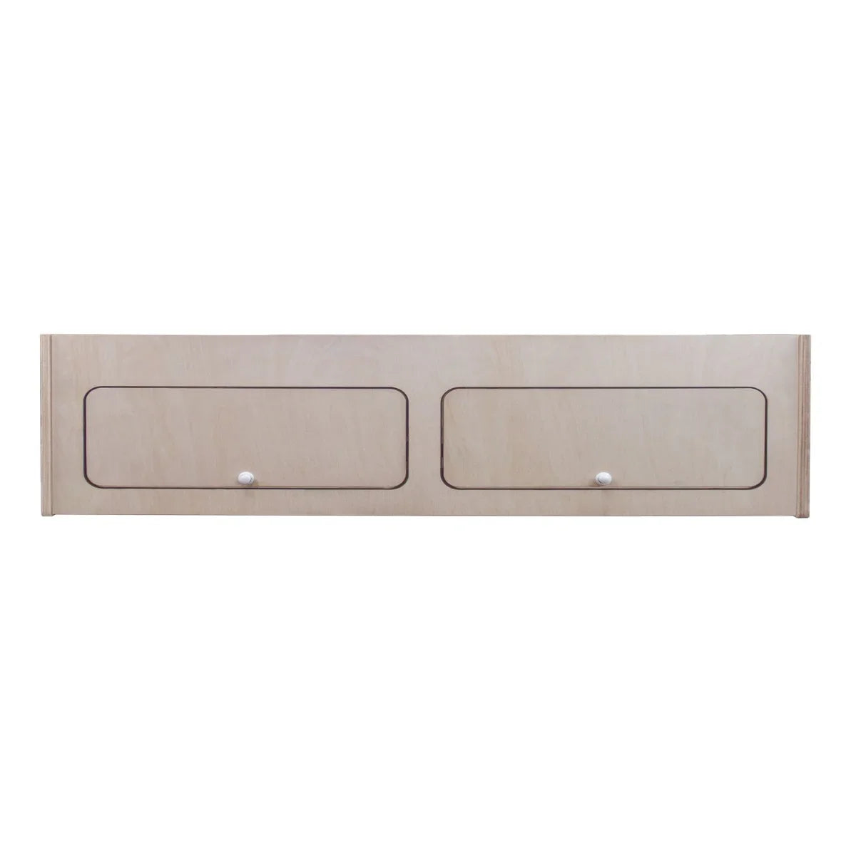 Overhead camper cabinet in light wood, featuring two smooth drawers with round knobs, dimensions 100cm x 25cm x 25cm