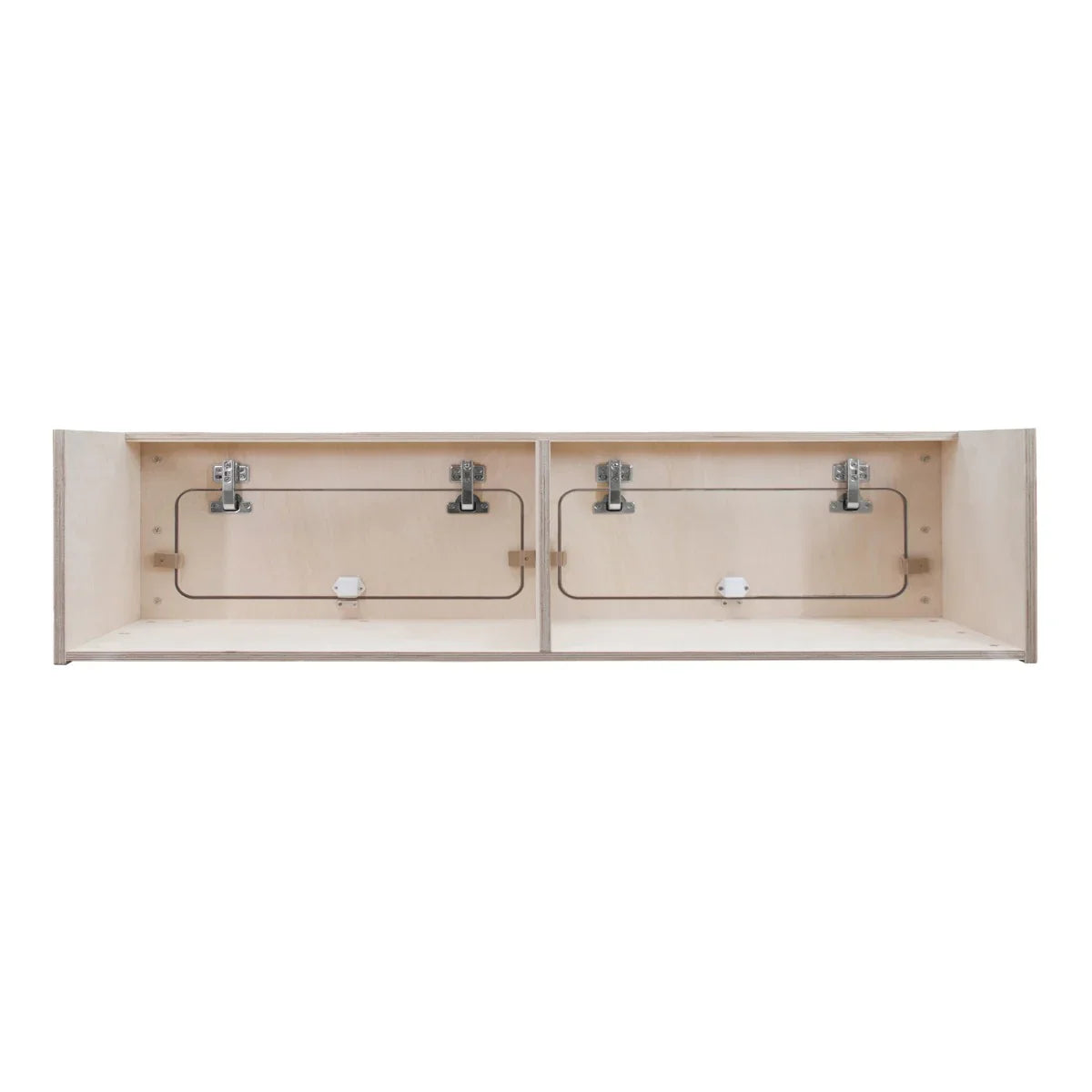 Overhead camper cabinet in natural wood finish, featuring dual compartments with metal hinges and a sleek, minimalist design