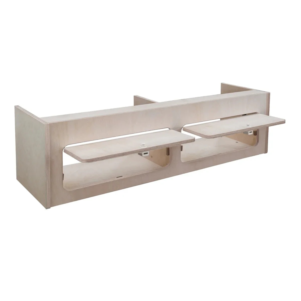 Overhead camper cabinet in light wood, featuring two drop-down shelves, sleek design, and dimensions of 100cm x 25cm x 25cm