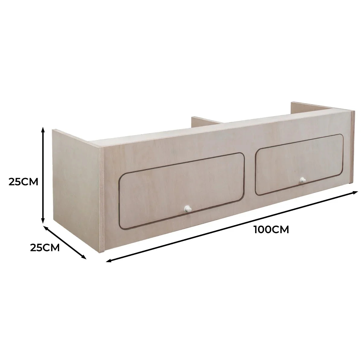 Overhead camper cabinet in light wood, featuring two spacious drawers, measuring 100cm x 25cm x 25cm, ideal for storage