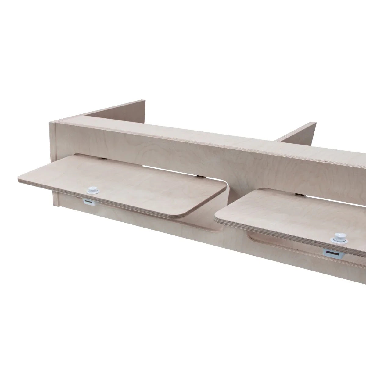 Overhead camper cabinet in light wood, featuring two fold-down shelves, ideal for maximizing storage in small spaces