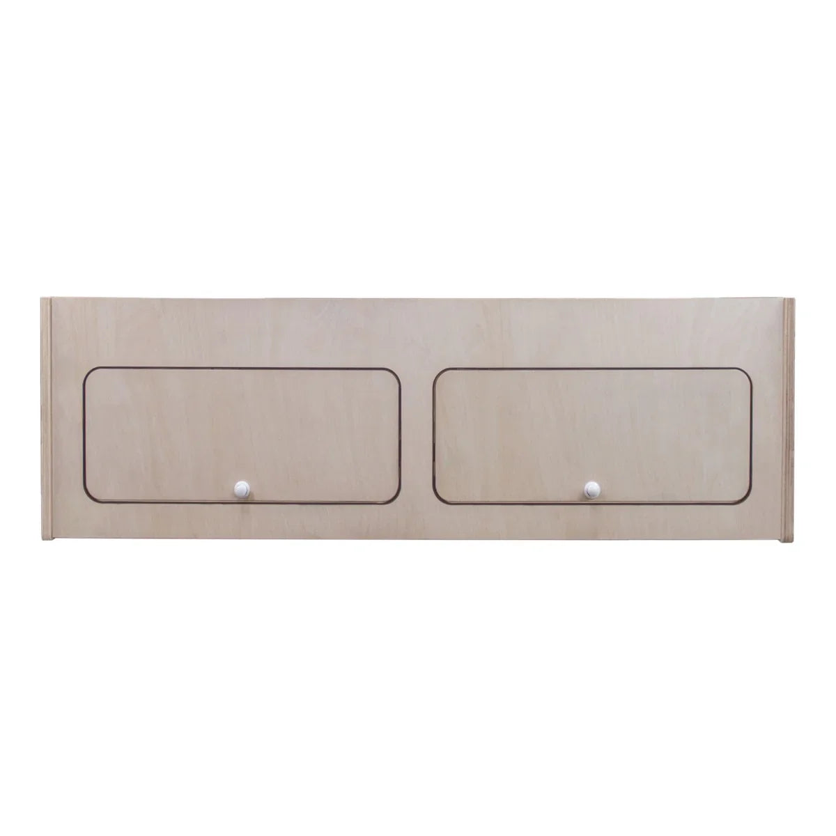 Overhead camper cabinet in light wood, featuring two smooth drawers with round white knobs, dimensions 80cm x 25cm x 25cm