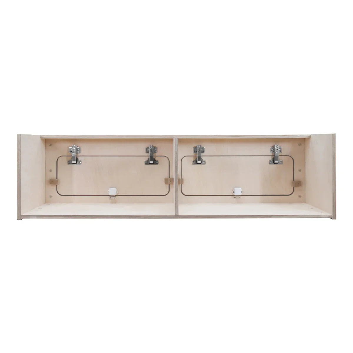 Overhead camper cabinet in natural wood finish, featuring two compartments with metal hinges and a sleek, minimalist design