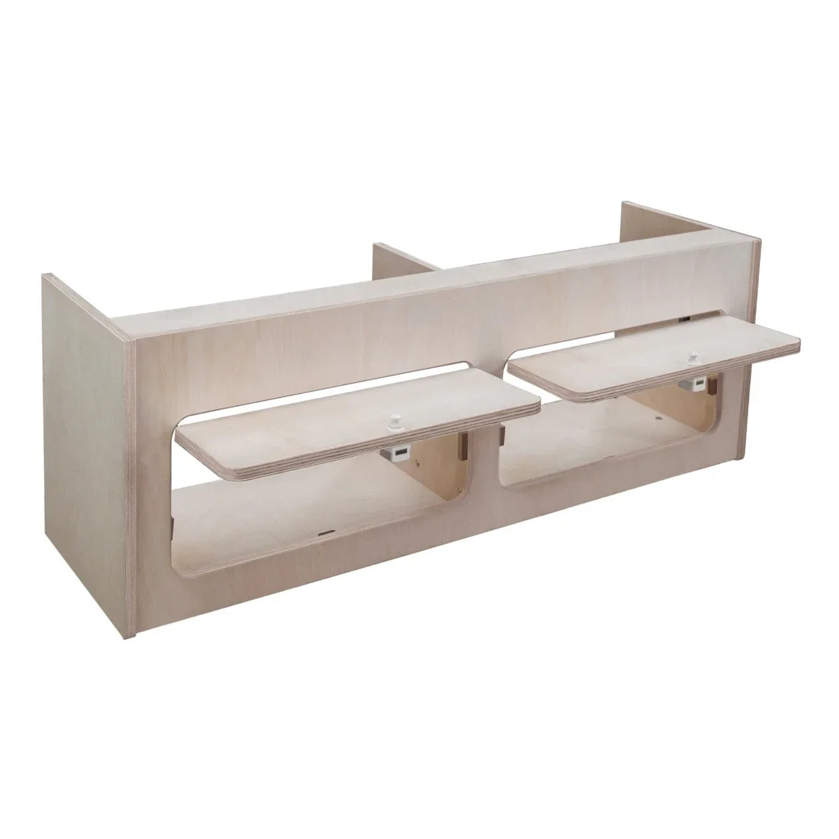 Overhead camper cabinet in light wood, featuring two pull-out shelves and a sleek, modern design, measuring 80cm x 25cm x 25cm