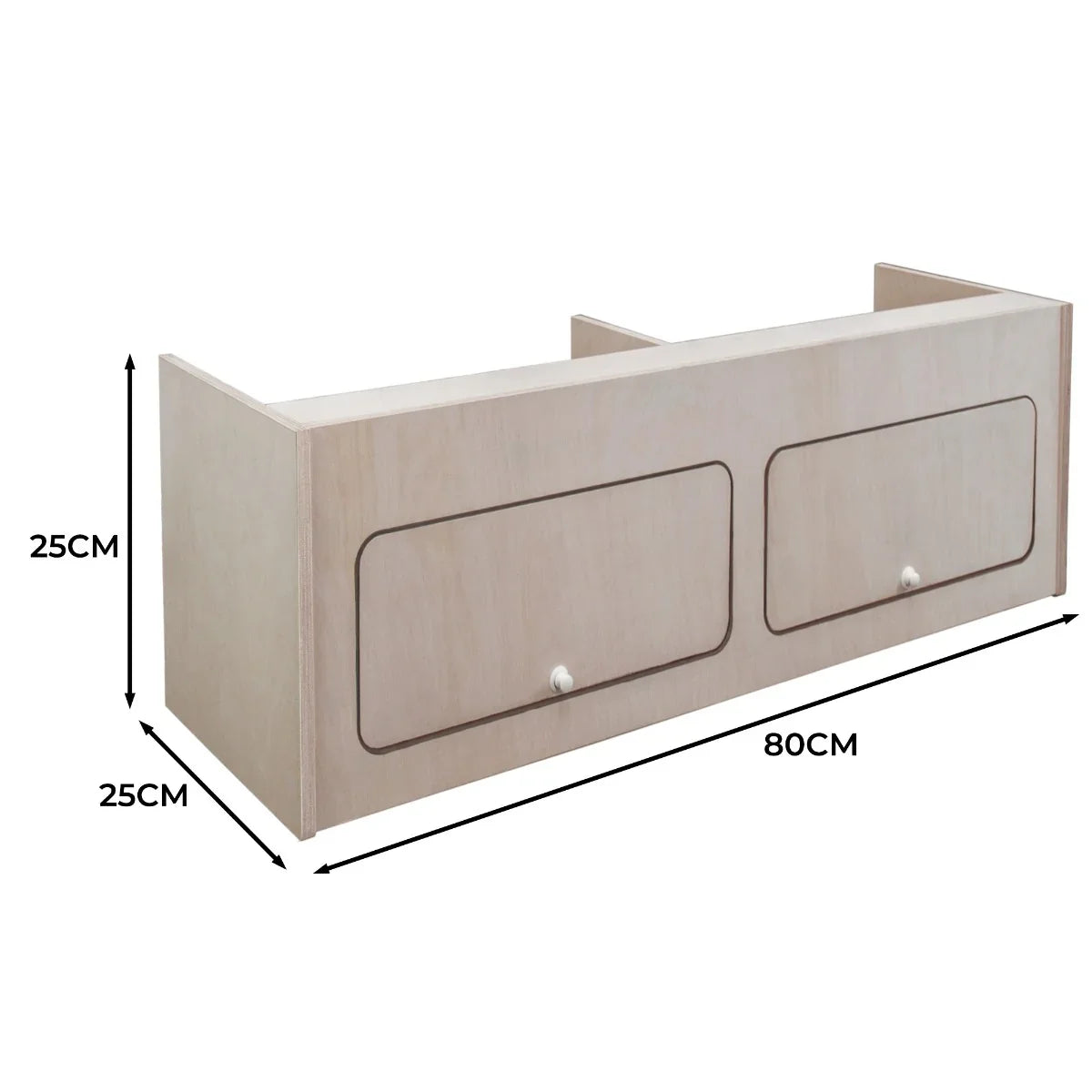 Overhead camper cabinet in light wood finish, featuring two spacious drawers, dimensions 80cm x 25cm x 25cm, ideal for storage