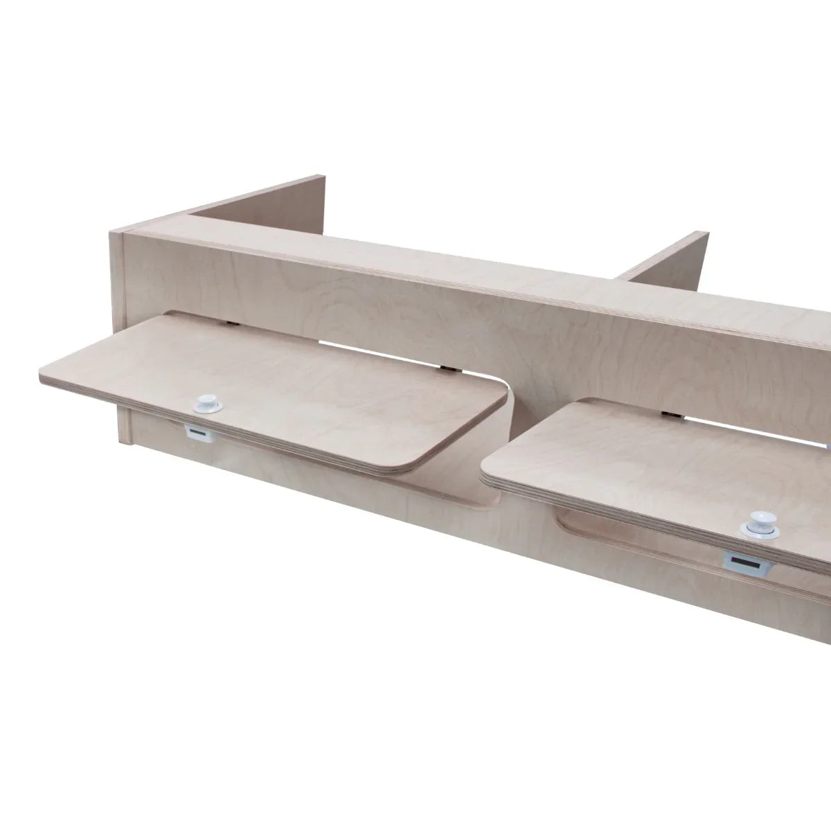 Overhead camper cabinet in light wood, featuring two drop-down shelves, ideal for maximizing storage in small spaces