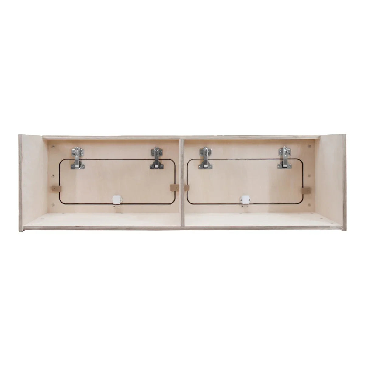 Overhead camper cabinet with black trim, featuring a smooth wooden finish, dual compartments, and sturdy metal hinges, ideal for storage