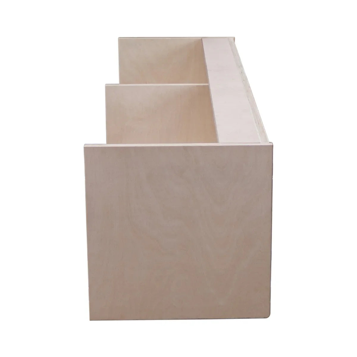 Overhead camper cabinet with black trim, featuring a sleek, light wood finish and three spacious compartments for storage