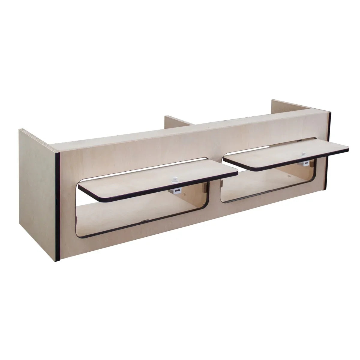 Overhead camper cabinet with black trim, featuring two drop-down shelves, made of light wood, measuring 120cm x 35cm x 35cm