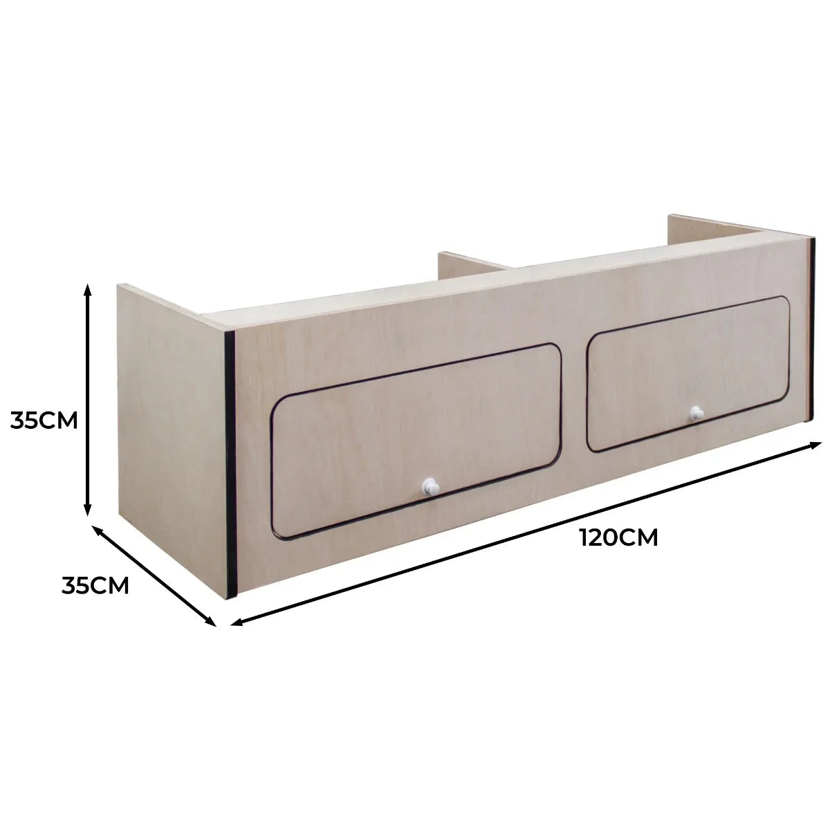 Overhead camper cabinet with black trim, featuring two spacious drawers, made of light wood, dimensions 120cm x 35cm x 35cm