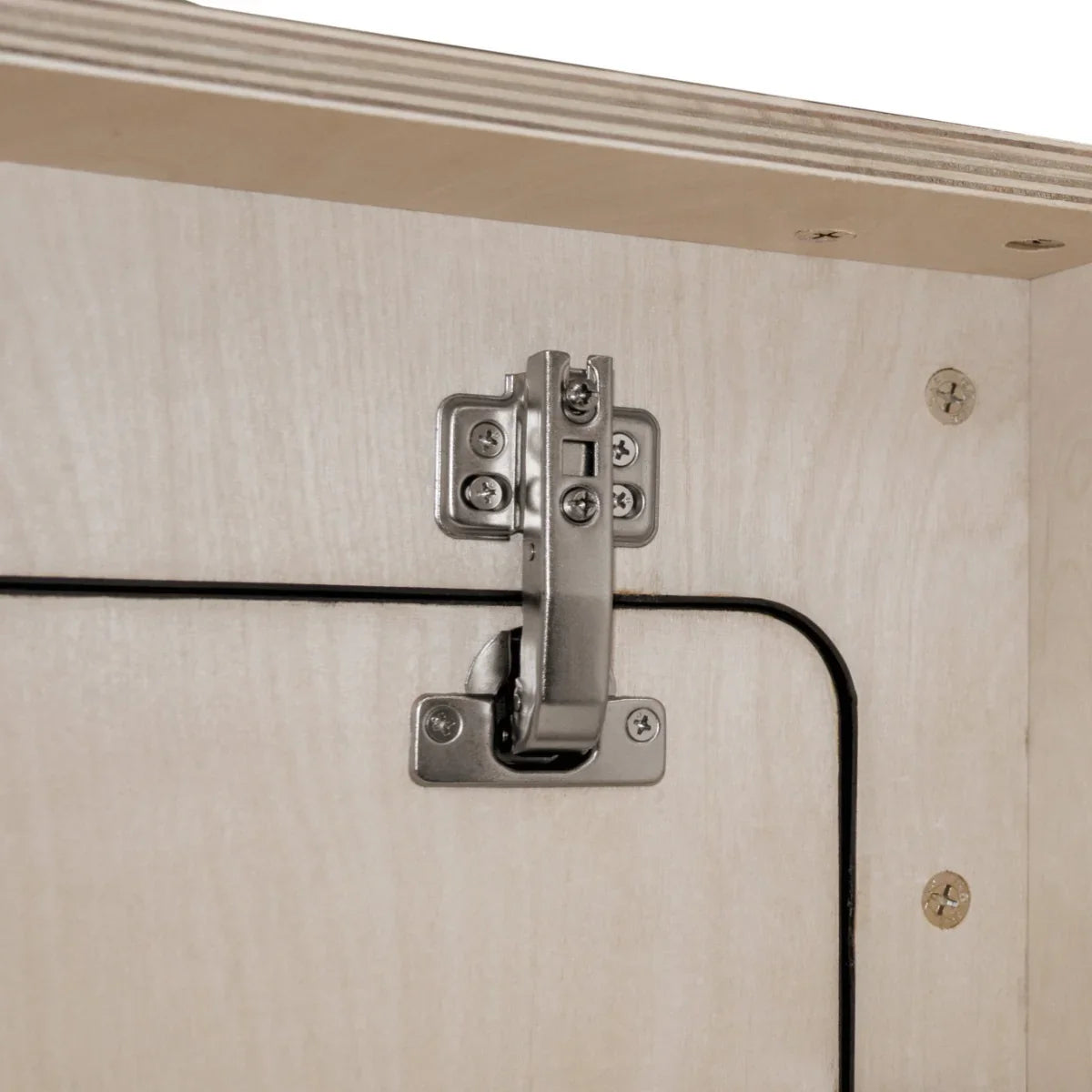 Close-up of the overhead camper cabinet's sturdy metal hinge, highlighting the smooth wood finish and black trim details