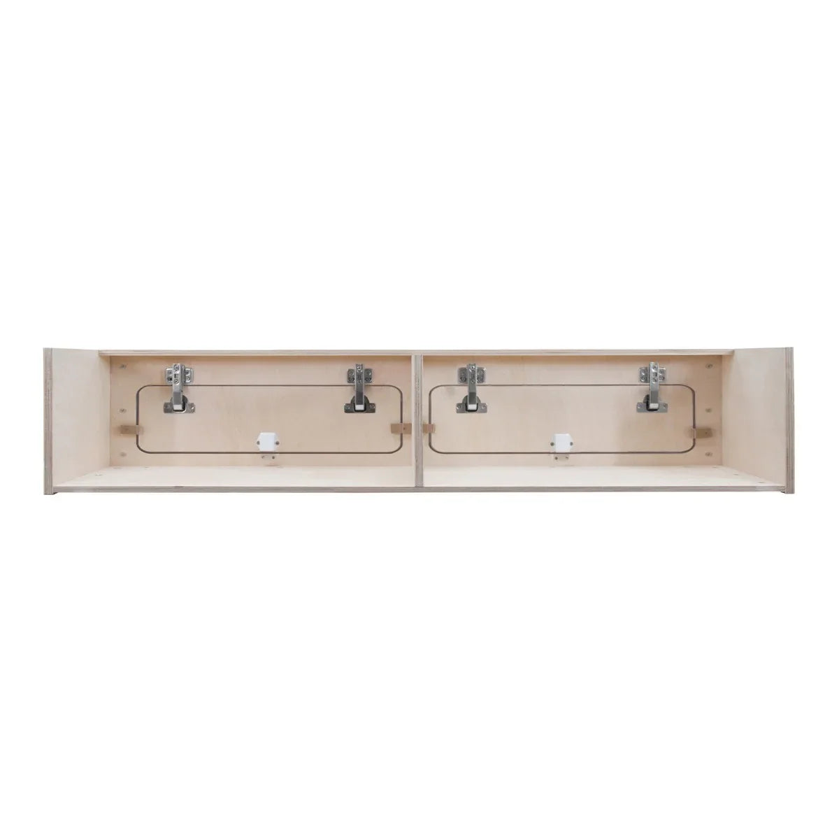 Overhead camper cabinet with black trim, featuring a sleek wooden design, dual compartments, and sturdy metal hinges for easy access