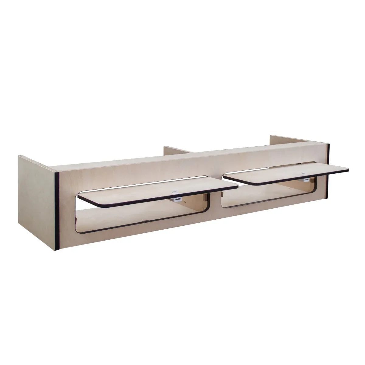 Overhead camper cabinet with black trim, featuring two drop-down shelves, made of light wood, measuring 120cm x 25cm x 25cm