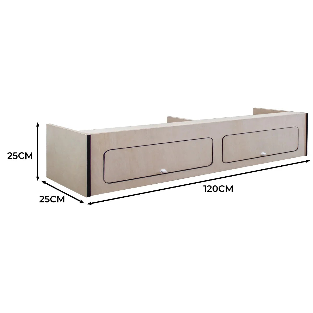 Overhead camper cabinet with black trim, featuring two spacious drawers, made of light wood, measuring 120cm x 25cm x 25cm