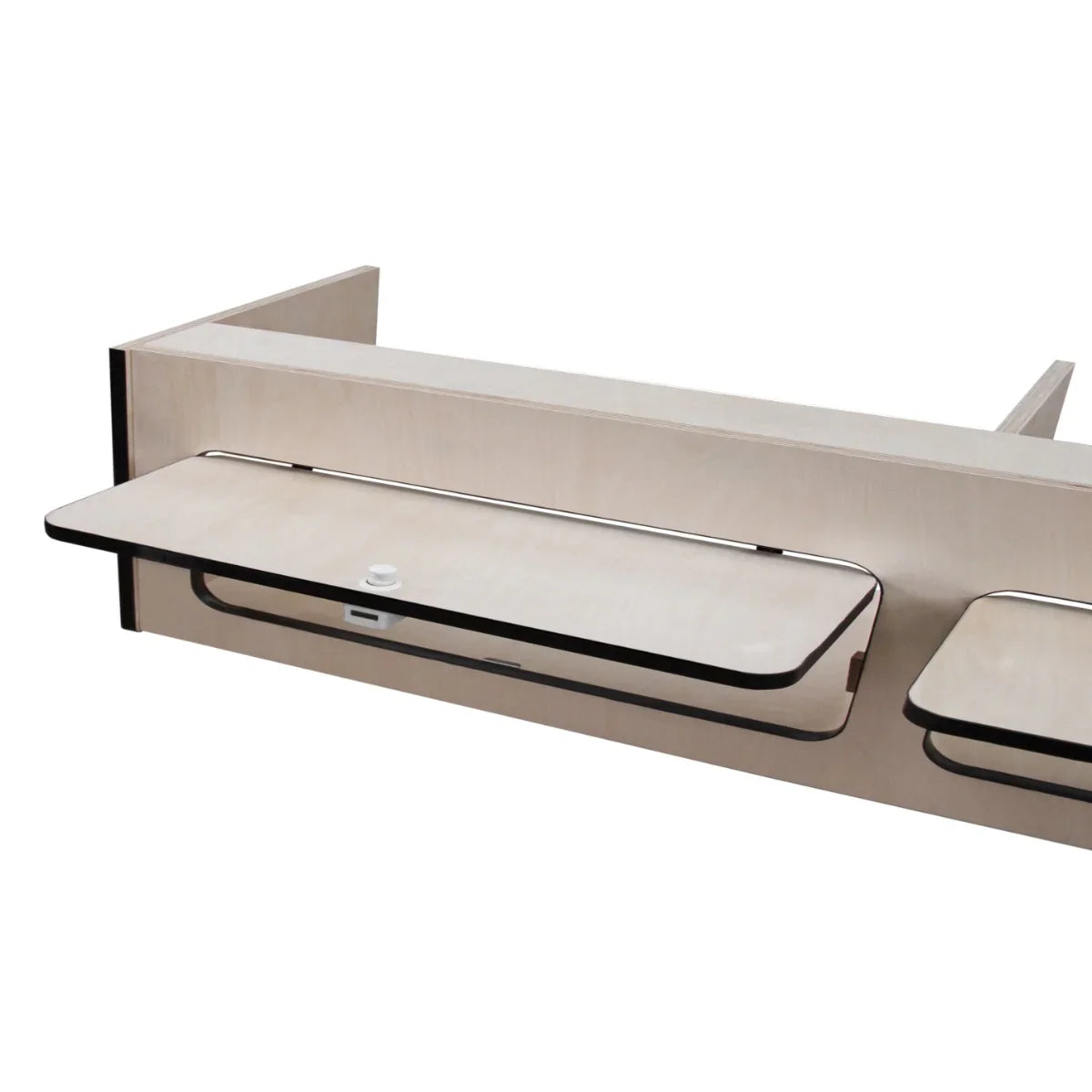 Overhead camper cabinet with black trim, featuring a sleek design, light wood finish, and two fold-down shelves for storage