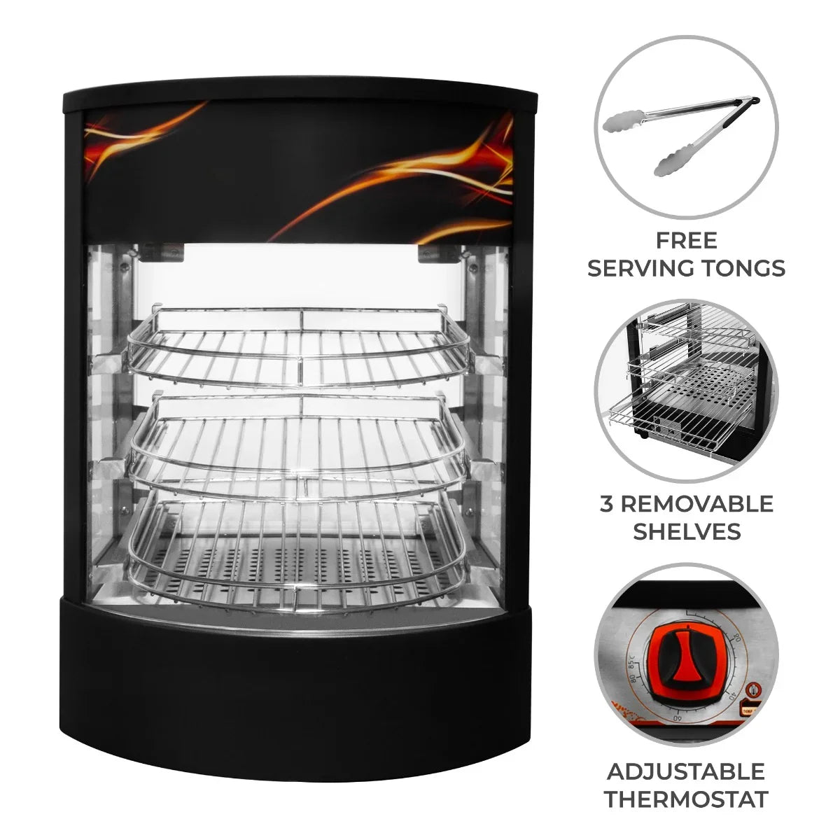 Commercial food warmer glass pizza display with three removable shelves, adjustable thermostat, and free serving tongs included