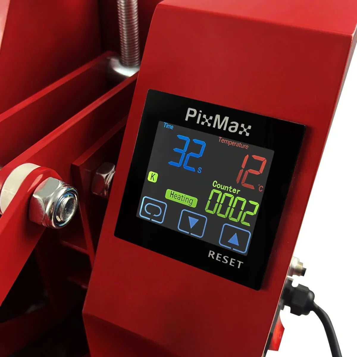 Digital control panel of a 50cm Clam Heat Press displaying time, temperature, and heating status in vibrant colors