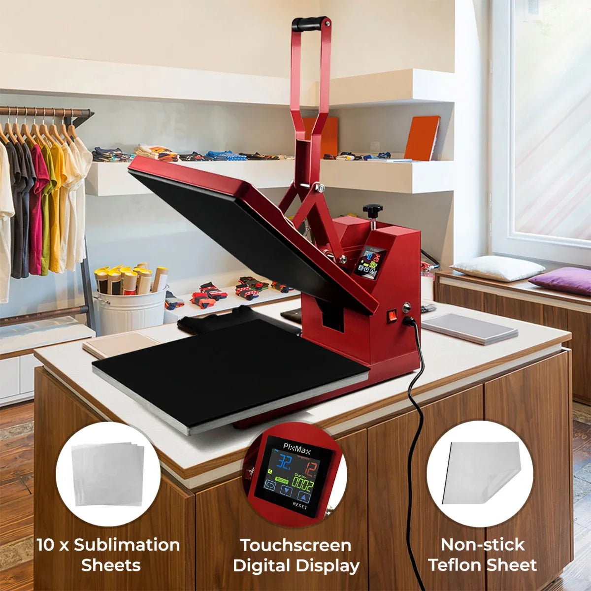 50cm clam heat press in red with digital display, non-stick Teflon sheet, and sublimation paper, set on a wooden table