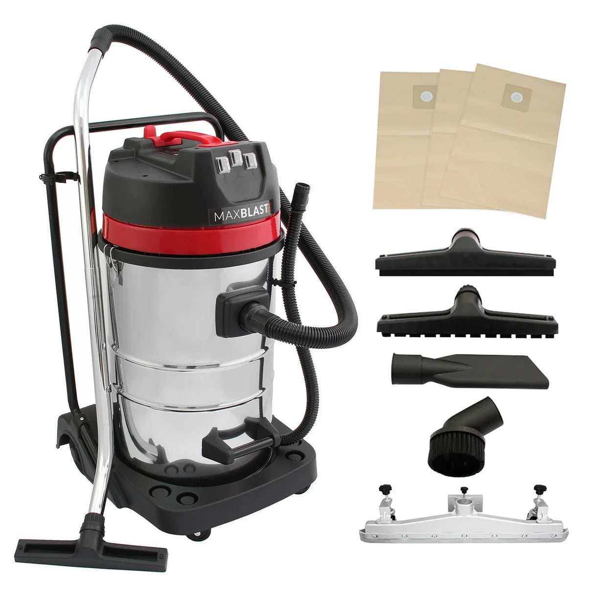 80L industrial vacuum with a shiny silver body, red accents, five attachments, and three hoover bags for versatile cleaning