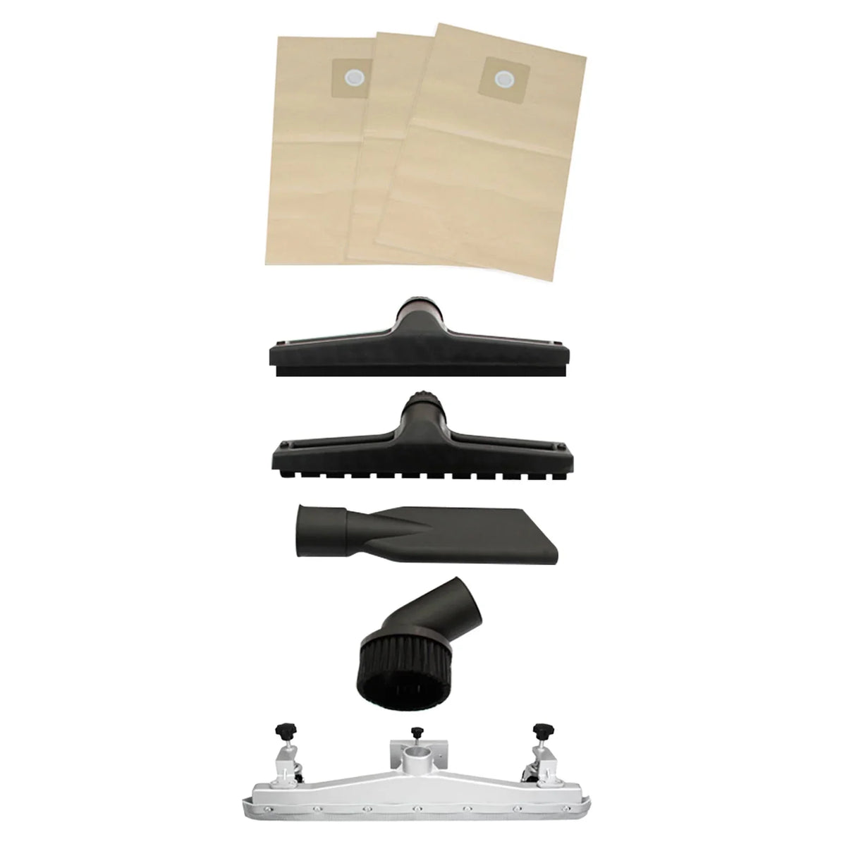 80L industrial vacuum accessories including 5 attachments and 3 hoover bags, featuring durable materials and versatile cleaning options