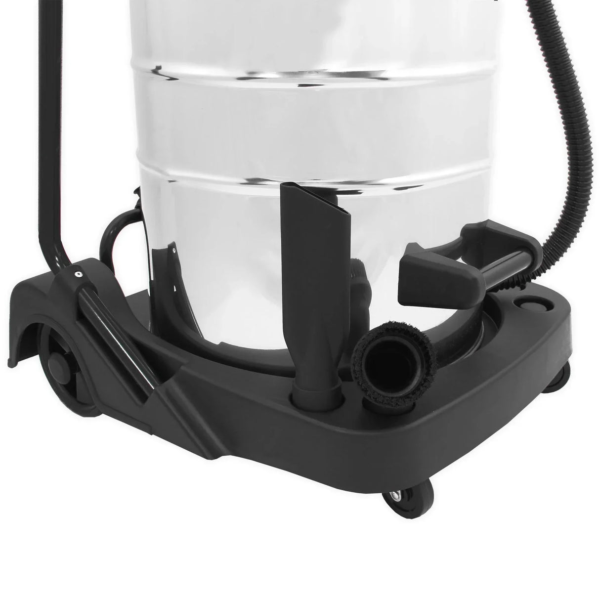 80L industrial vacuum with a shiny metal barrel, black base, and five attachments including a crevice tool and hose for versatile cleaning