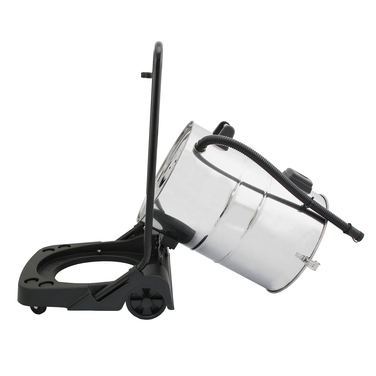 80L industrial vacuum with a shiny metal canister, black base, and hose, showcasing its sturdy design and mobility features