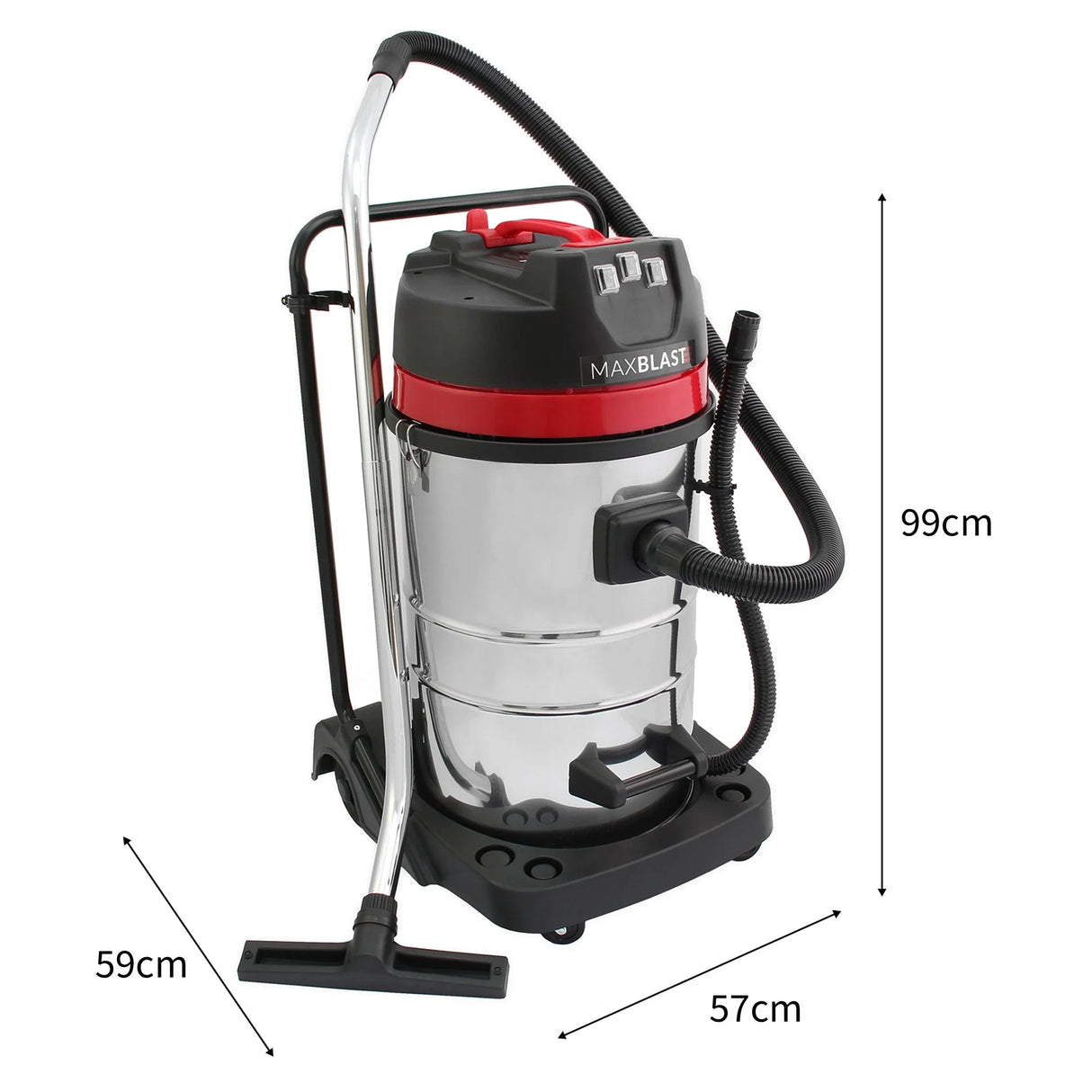 80L industrial vacuum with a shiny stainless steel body, red accents, flexible hose, and sturdy wheels for easy mobility