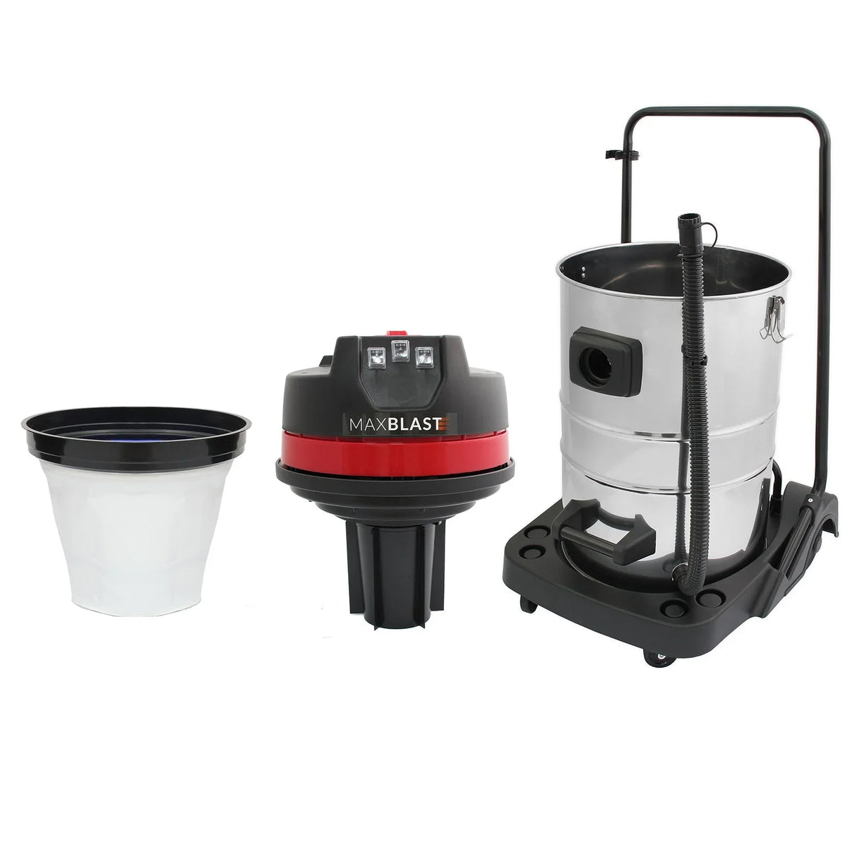 80L industrial vacuum with a sleek silver metal canister, black base, red accents, and three attachments for versatile cleaning