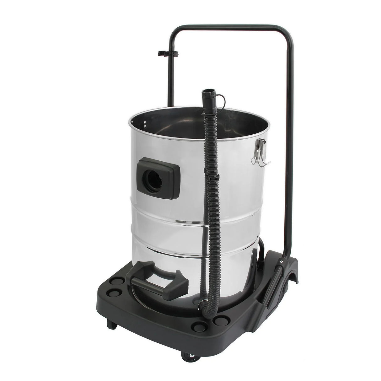 80L industrial vacuum with a shiny stainless steel barrel, black base, flexible hose, and sturdy handle for easy maneuverability