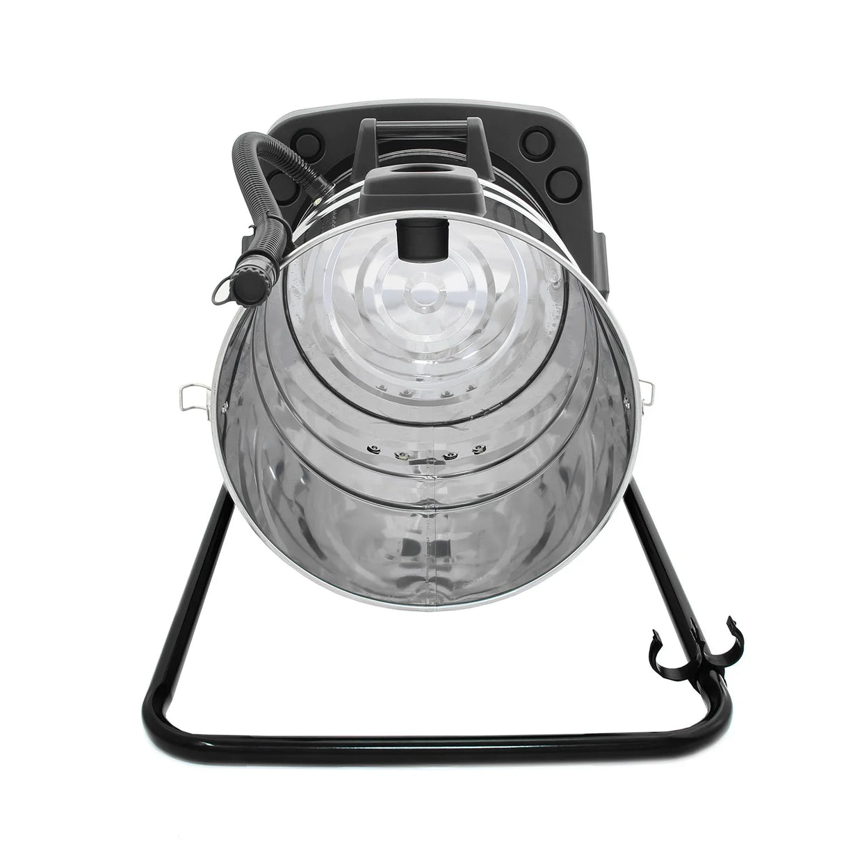 80L industrial vacuum with a clear cylindrical tank, sturdy black frame, and ergonomic handle for easy maneuverability, includes 5 attachments