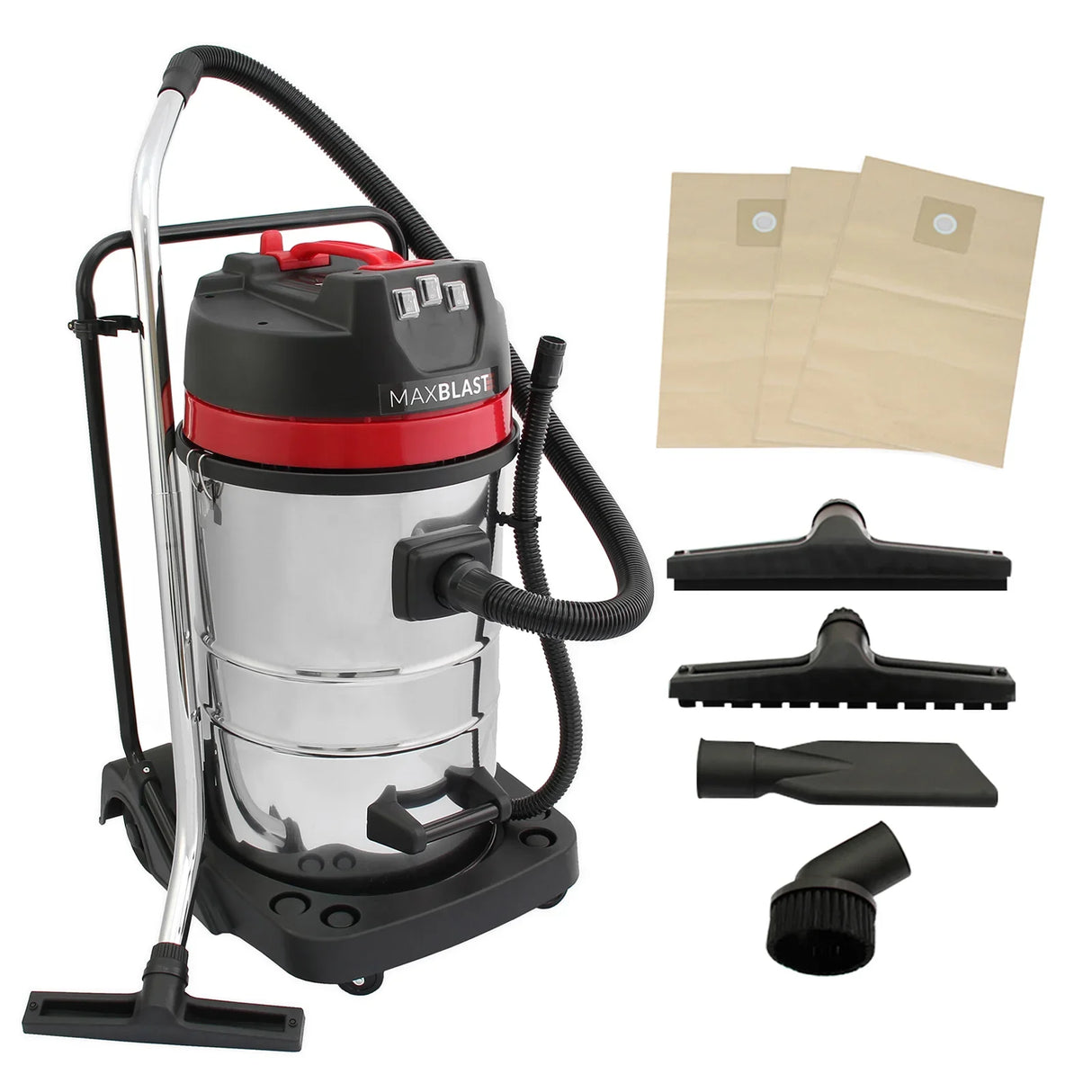 80L industrial vacuum with a shiny stainless steel body, red accents, four attachments, and three hoover bags for versatile cleaning