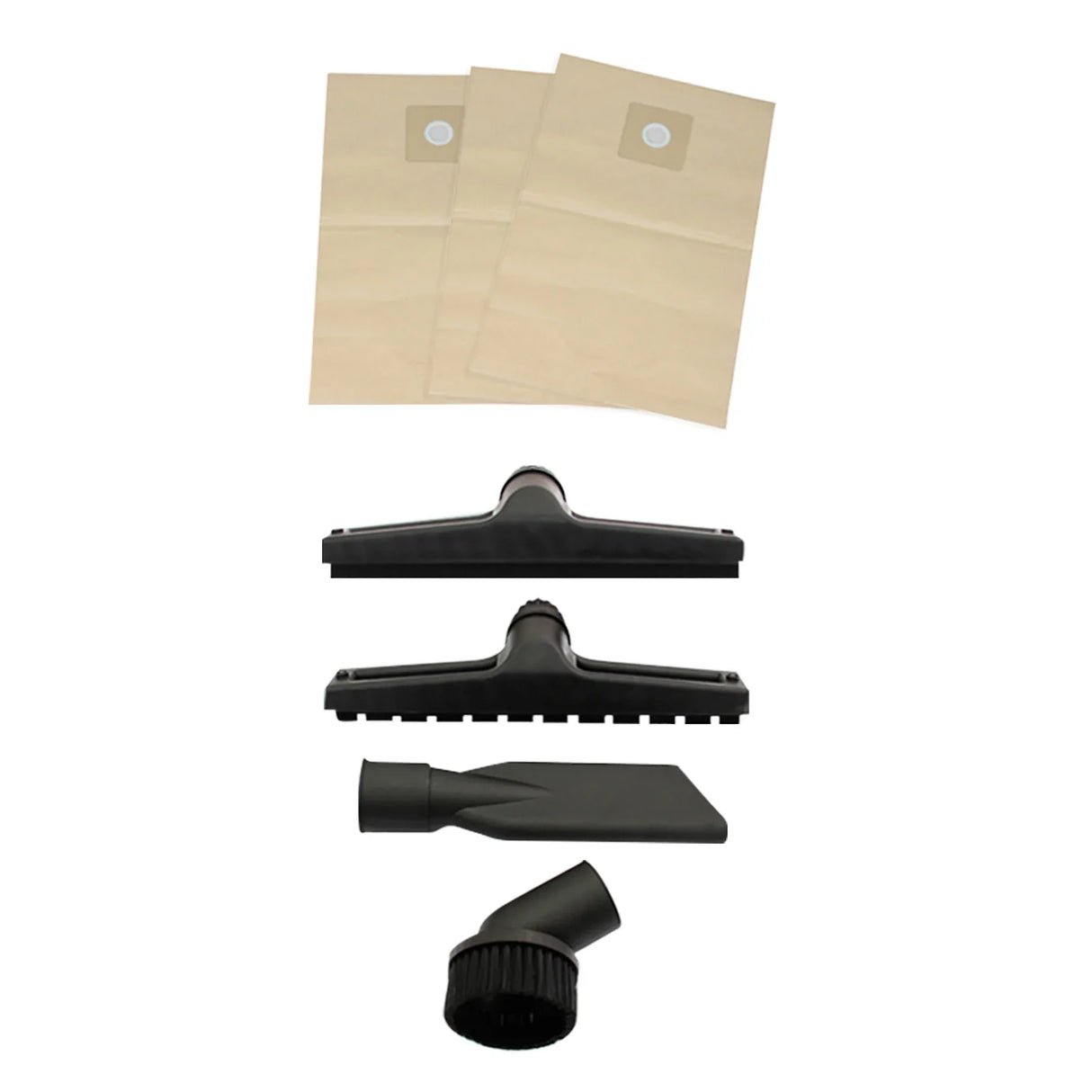Four vacuum attachments including a wide nozzle, crevice tool, and two hoover bags, all in black and brown, arranged neatly