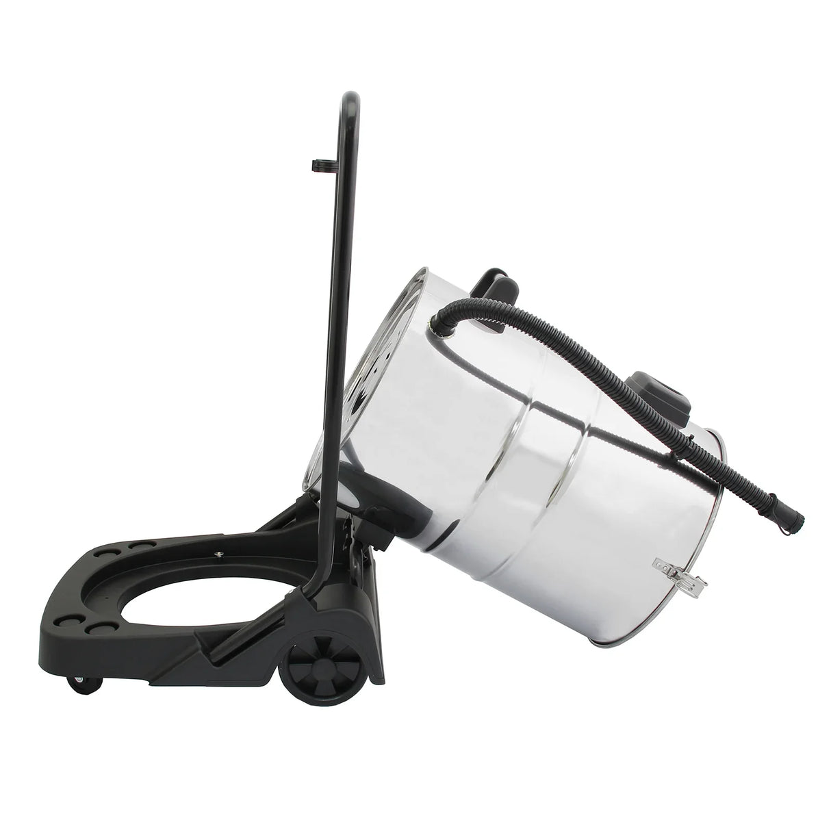 80L industrial vacuum with a shiny metal canister, black base, and hose attachment, designed for heavy-duty cleaning tasks