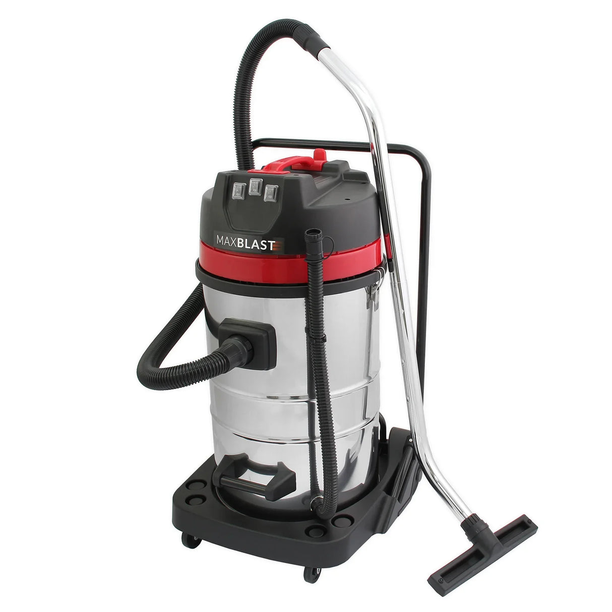 80L industrial vacuum with a shiny silver body, black and red accents, flexible hose, and sturdy base, includes 4 attachments and 3 hoover bags