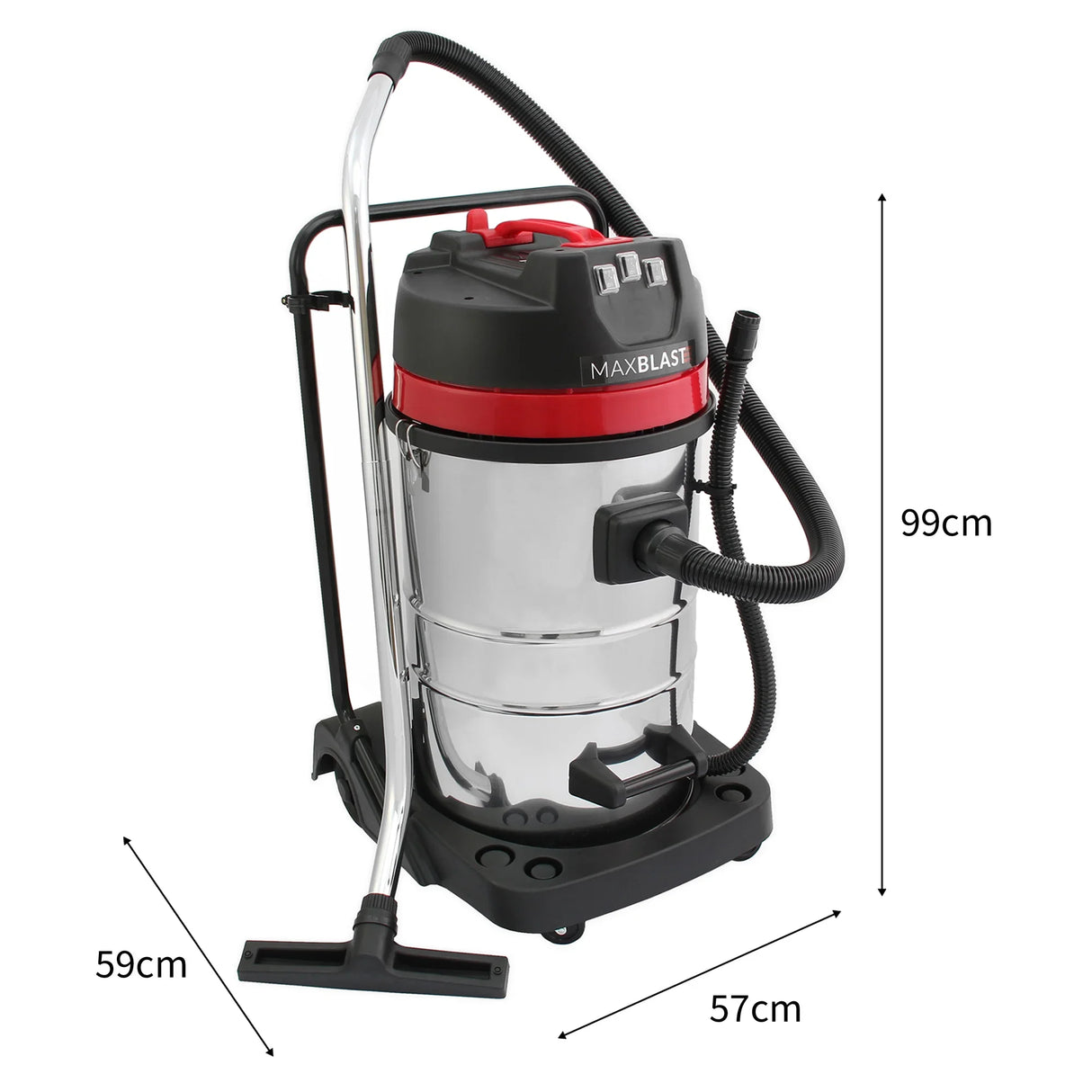 80L industrial vacuum with a shiny stainless steel body, red accents, flexible hose, and four attachments for versatile cleaning
