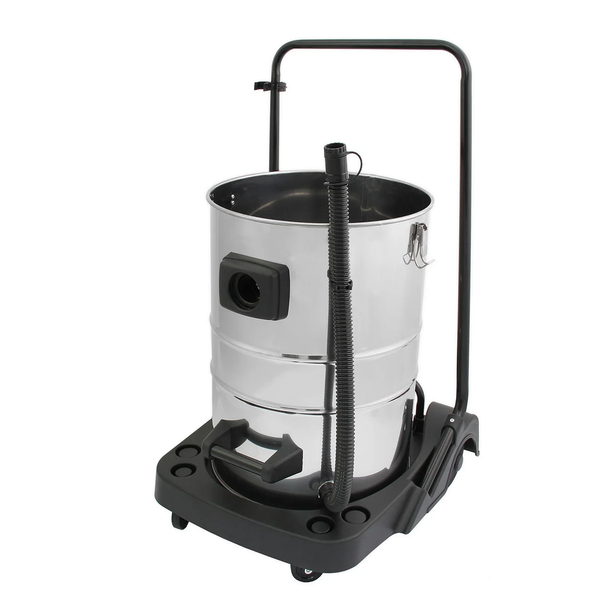 80L industrial vacuum with a shiny stainless steel body, sturdy black base, flexible hose, and handle for easy maneuverability