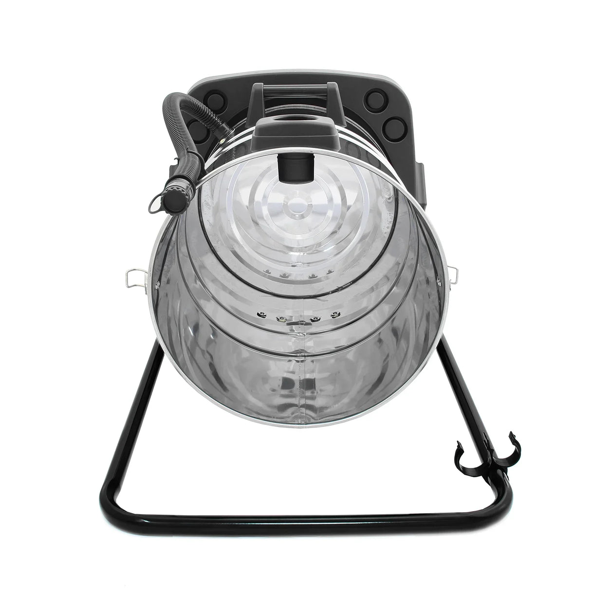 80L industrial vacuum with a clear cylindrical tank, black handle, and sturdy metal frame, showcasing its robust design and functionality