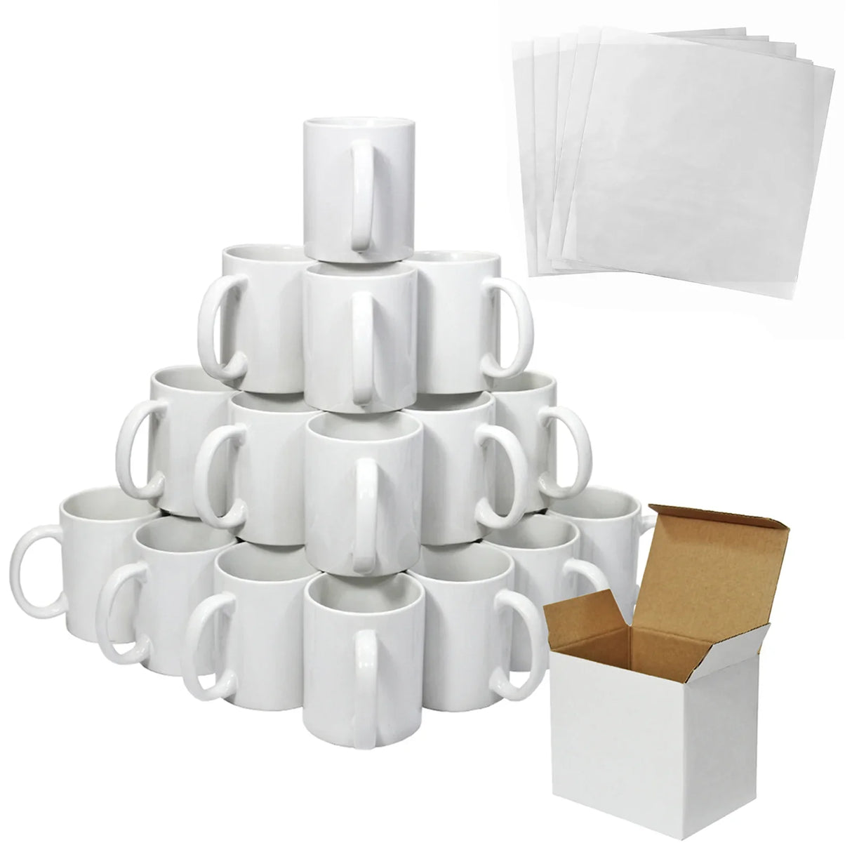 Stack of 36 plain white ceramic mugs with handles, 5 sublimation sheets, and a white cardboard box with an open lid.