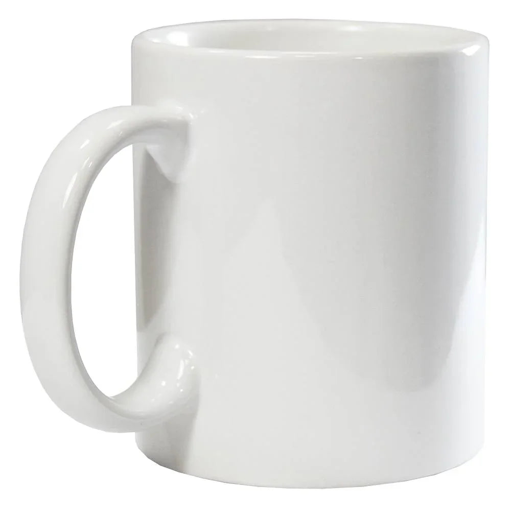 Glossy white ceramic coffee mug with a large handle on the right side.