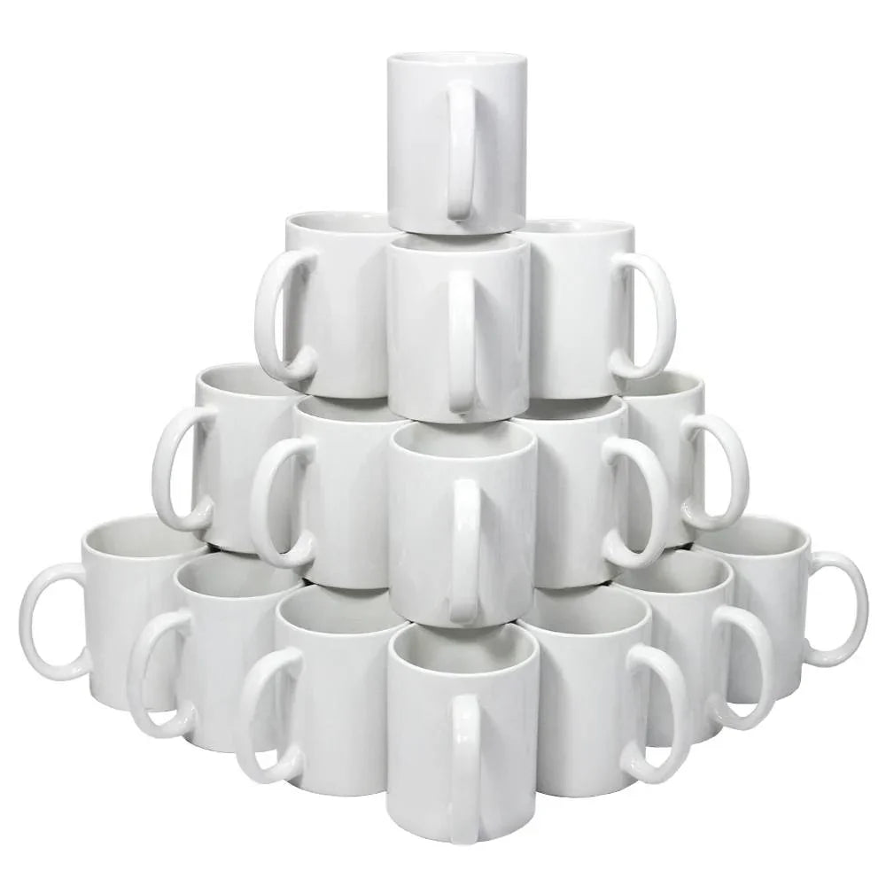 Stacked pyramid of plain white ceramic mugs with handles, glossy finish, 11oz size.