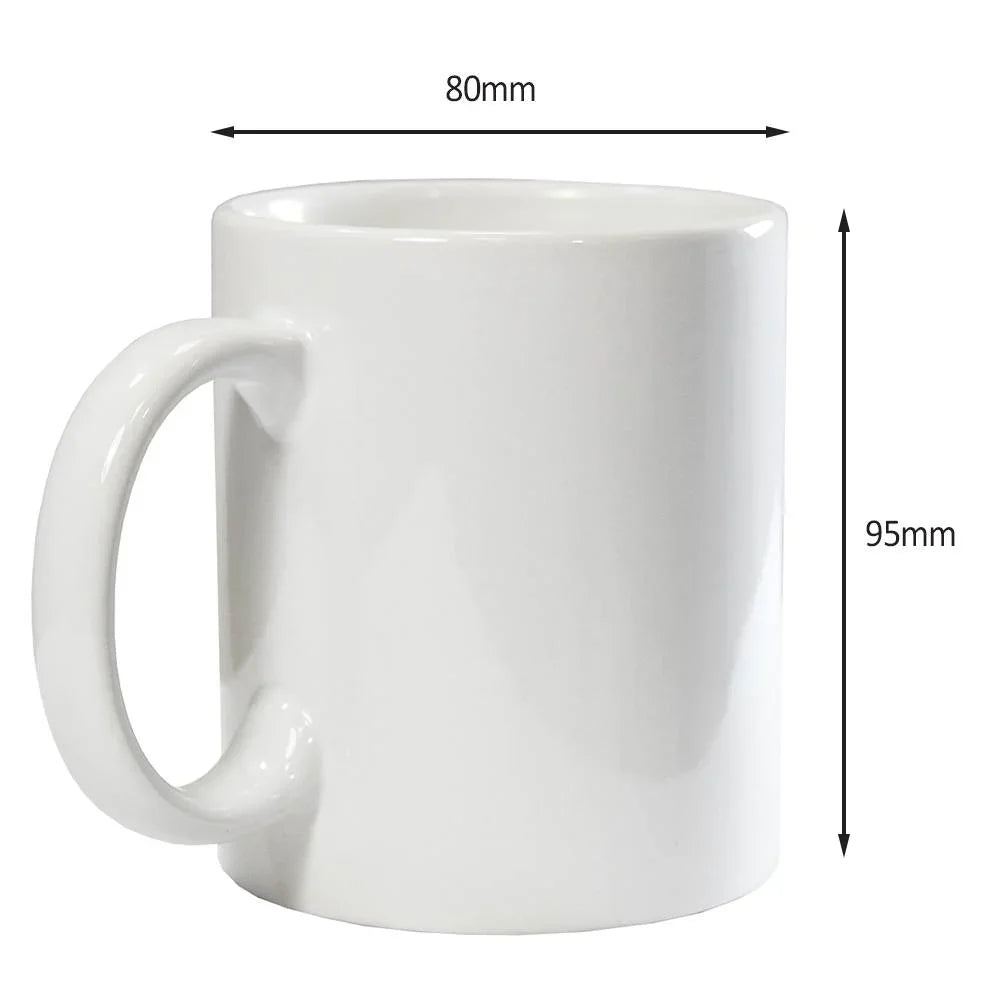 White ceramic mug with large handle, 11oz capacity, 80mm diameter, 95mm height.