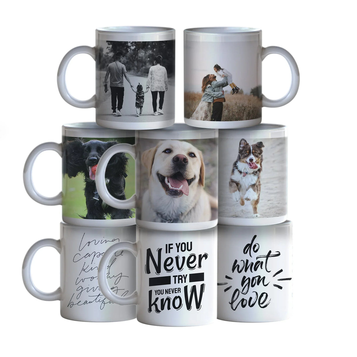 Set of six white ceramic mugs featuring black-and-white family photos, dog portraits, and inspirational quotes in stylish.