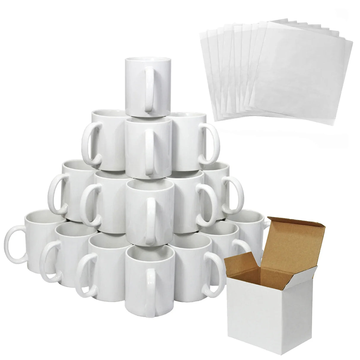 Stack of 72 white ceramic mugs with handles, packing boxes, and 10 sublimation sheets on a white background.