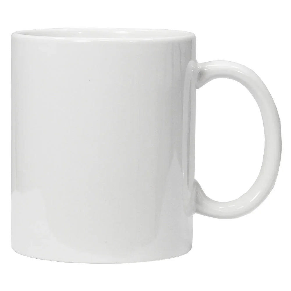 Plain white ceramic mug with a C-shaped handle, glossy finish, 11oz capacity.