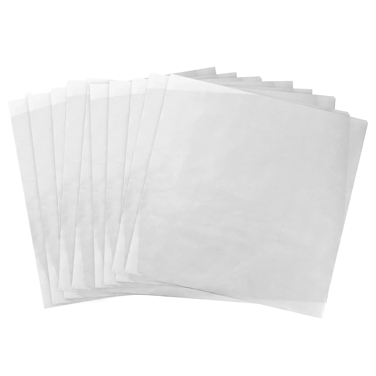 Set of ten square white sublimation sheets with a smooth matte finish, stacked and slightly fanned out.