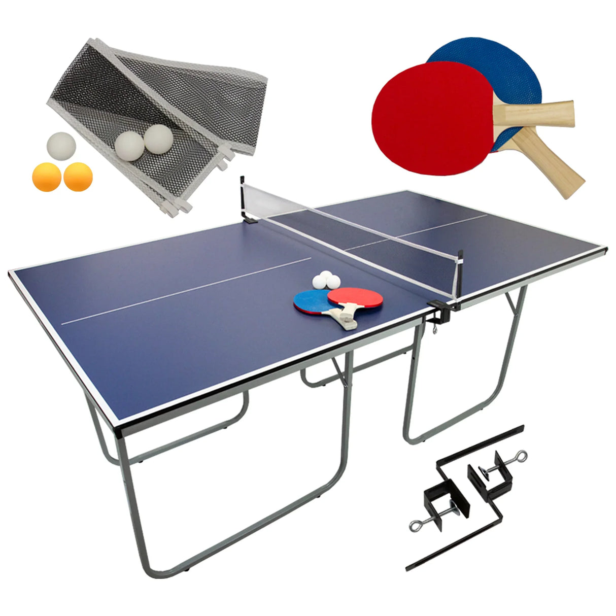 Blue folding table tennis table with net, paddles, and balls, featuring a sturdy metal frame and smooth playing surface
