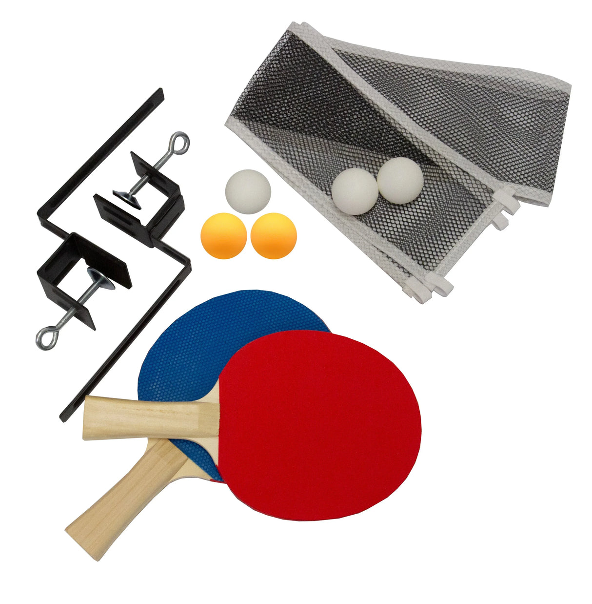 Folding table tennis table accessories including red and blue paddles, three balls, net clips, and two nets in black mesh