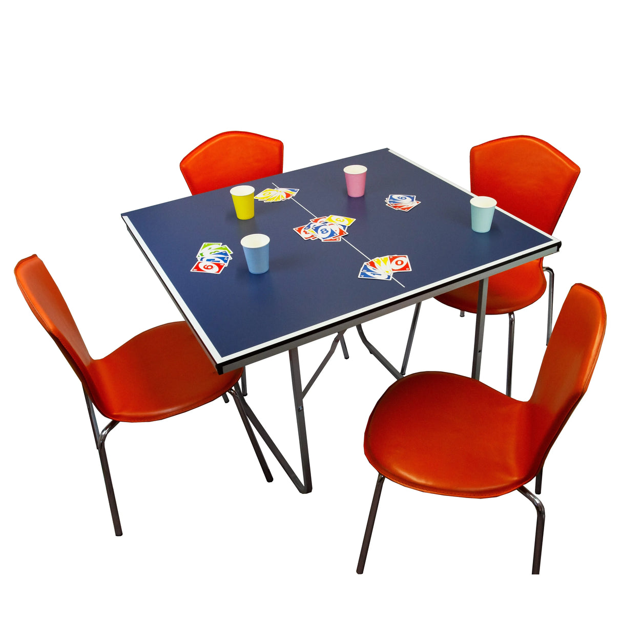 Folding table tennis table with a blue surface, surrounded by four orange chairs and colorful game cards scattered on top
